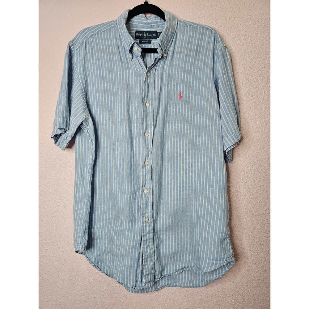 Ralph Lauren Mens Classic Fit Linen Striped Short Sleeve Button Shirt Blue L